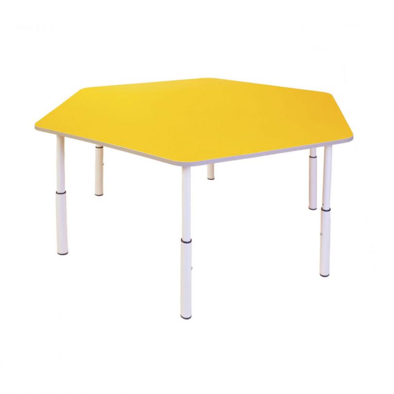 Стіл дитячий 6-кутний,на круглій металевій трубі,стільниця з кольорової ЛДСП, регулюється на ростові групи № 1-3(ТОВ ‘’АЛМАНТ’’), 1180х1040х460-580 мм